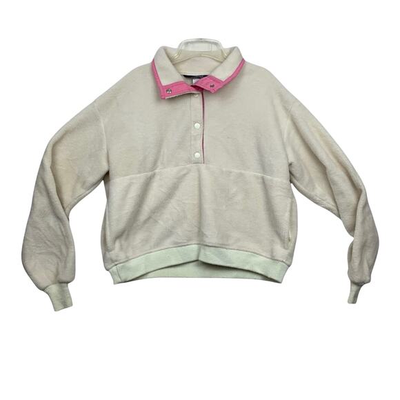 Woolrich womens xl vintage 90s fleece t snap pullover sweatshirt white pink - Picture 1 of 11
